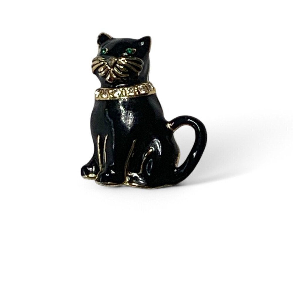 Monet Vintage Signed Black Cat Enamel Brooch With Rhinestone Collar & Green Eyes - Picture 7 of 7